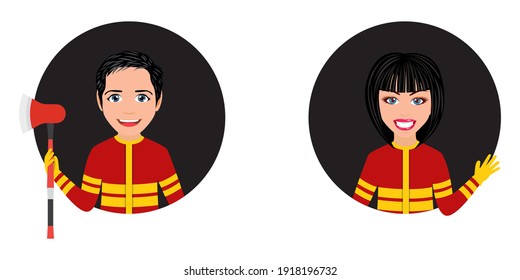 Happy cute smart fireman characters wearing fire service outfits and waving isolated with fire axe
