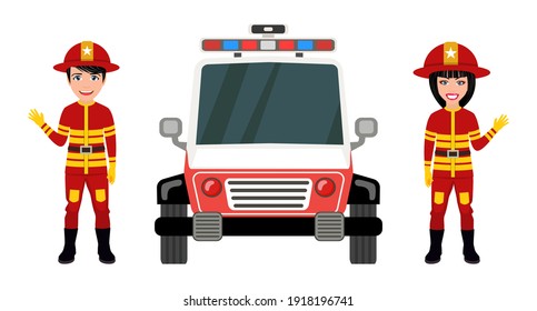 Happy cute smart fireman characters wearing fire service outfits and waving isolated with fire car