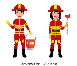 Happy cute smart fireman characters wearing fire service outfits and waving isolated with fire axe and bucket