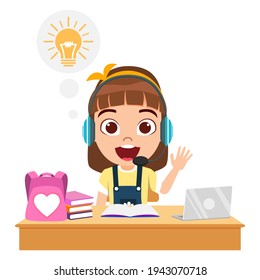 Happy cute smart girl character wearing fashionable outfit headphone beside study table doing study with books laptop bag with cheerful expression