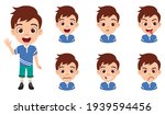 Happy cute smart kid boy character wearing fashionable blue shirt outfit with different facial expressions and emotions