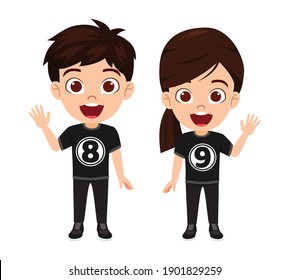 Happy cute smart kid boy and girl student character wearing black t-shirt with number eight nine and waving with cheerful expression isolated