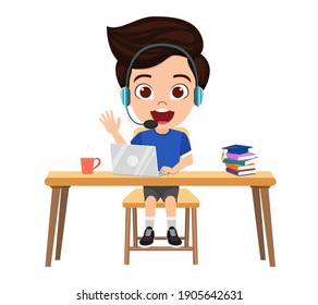 Happy cute smart kid boy character doing E-learning class on desk with laptop, books, coffee, headphone, microphone with cheerful expression isolated study at home web courses or tutorials