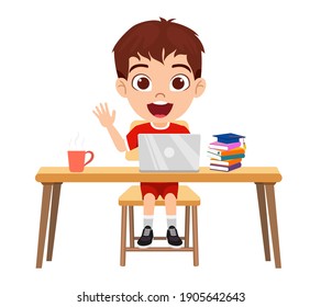 Happy cute smart kid boy character doing E-learning class on desk with laptop with cheerful expression isolated study at home web courses or tutorials