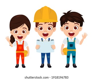 Happy Cute Smart Kid Boy And Girl Character Wearing Construction Worker Outfits With Cheerful Expression Isolated With Engineer