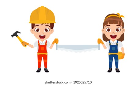 Happy cute smart kid  boy and girl carpenter character standing with cutter and hammer with cheerful expression isolated
