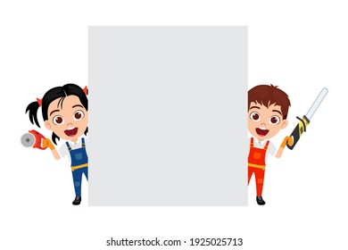 Happy cute smart kid  boy and girl carpenter character standing with chainsaws and blank board with cheerful expression isolated
