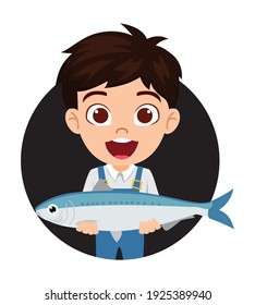 Happy cute smart kid boy character standing and holding fish and with cheerful expression isolated