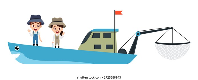Happy cute smart kid boy and girl character standing on a shark fishing board and fishing rod with cheerful expression isolated