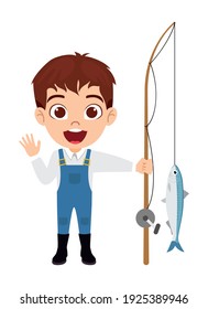 Happy cute smart kid boy character standing with fishing rod and with fish and with cheerful expression isolated