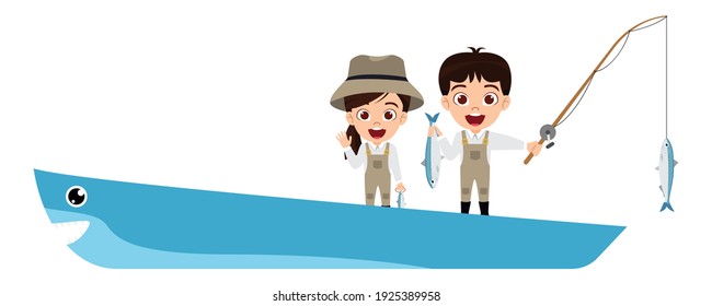 Happy niedlicher kleiner Junge und Mädchen-Charakter, die auf einem Haifischfisch stehen und Angelstange mit Fisch und fröhlichem Ausdruck einzeln halten
