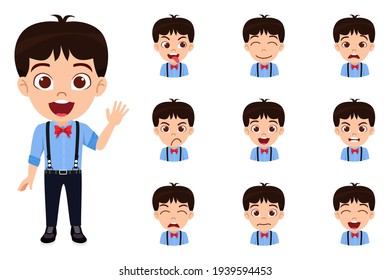 Happy cute smart kid boy character wearing fashionable outfit with different facial expressions and emotions