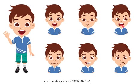 Happy cute smart kid boy character wearing fashionable blue shirt outfit with different facial expressions and emotions