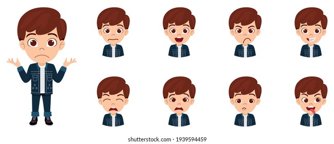 Happy cute smart kid boy character wearing fashionable jeans outfit with different facial expressions and emotions