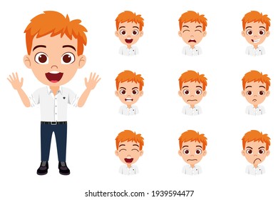 Feliz lindo y lindo personaje de chico con ropa elegante de camisa envuelto con diferentes expresiones faciales y emociones