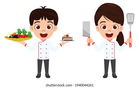 Happy cute smart kid boy and girl chef character wearing chef outfit and holding utensils and food vegetables plate with cheerful expression