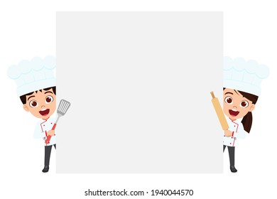 Happy cute smart kid boy and girl chef character wearing chef outfit and holding utensils and pointing to blank board with cheerful expression