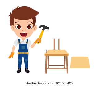 Happy cute smart kid carpenter boy character standing hammer and making chair with pin