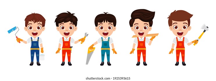 Happy cute smart kid carpenter boys character standing with tools with cheerful expression isolated