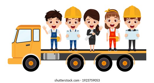 Happy cute smart kid construction worker team with engineers characters on truck standing with tools isolated with cheerful expression