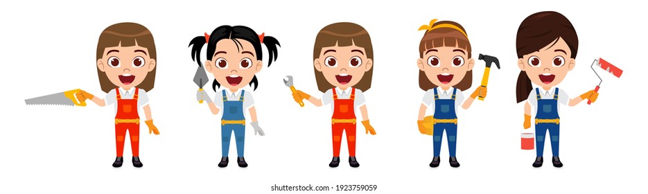 Happy Cute Smart Kid Construction Worker Team Girls Characters With Tools Isolated With Cheerful Expression