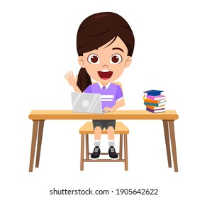 Happy cute smart kid girl character doing E-learning class on desk with laptop, books, with cheerful expression isolated study at home web courses or tutorials