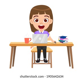 Happy cute smart kid girl character doing E-learning class on desk with laptop, coffee mug isolated study at home web courses or tutorials