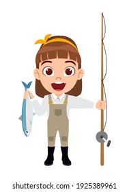 Happy cute smart kid girl character standing with fishing rod and with fish and with cheerful expression isolated