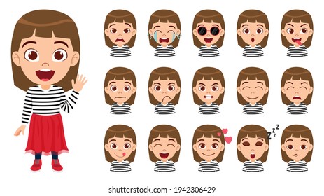 Happy cute smart kid girl character wearing fashionable beautiful white red outfit with different facial expressions and emotions and waving