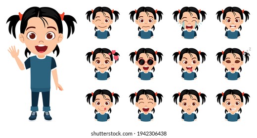 Happy cute smart kid girl character wearing fashionable beautiful shirt pant outfit with different facial expressions and emotions