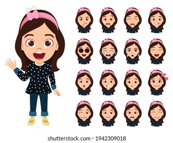 Happy cute smart kid girl character wearing fashionable beautiful black outfit with different facial expressions and emotions and waving