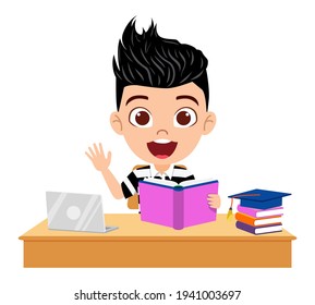 Happy cute smart kid student character studying on study table reading book wearing fashionable outfit with cheerful expression