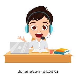 Happy cute smart kid student character studying on study table with books wearing fashionable outfit with cheerful expression with laptop and headphone