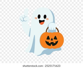 Happy cute smile ghost  holding pumpkin bucket isolated on png or transparent background.Halloween party banner. vector