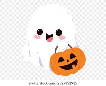 Fantasma lindo feliz de la sonrisa que sostiene el cubo de la calabaza de Halloween aislado en png o fondo transparente. Anuncio del partido de Halloween. Vector