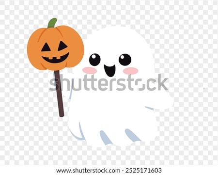 Happy cute smile ghost  holding pumpkin isolated on png or transparent background.Halloween party banner. vector