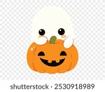 Happy cute smile ghost  hug halloween pumpkin isolated on png or transparent background.Halloween party banner. vector