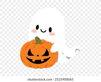 Happy cute smile ghost  hug Halloween pumpkin isolated on png or transparent background.Halloween party banner. vector