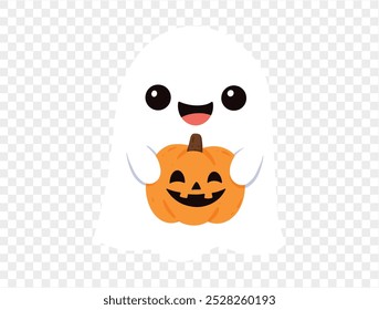 Feliz linda sonrisa fantasma abrazo calabaza de Halloween aislado en png o fondo transparente. Anuncio de fiesta de Halloween. Vector