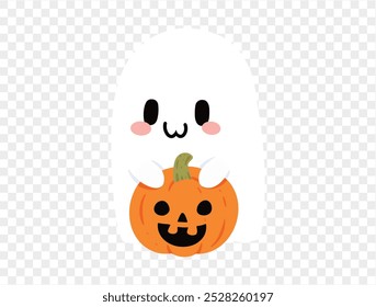 Happy cute smile ghost  hug halloween pumpkin isolated on png or transparent background.Halloween party banner. vector