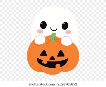 Feliz sorriso bonito fantasma abraço halloween abóbora isolado no png ou fundo transparente.Halloween festa banner. vetor