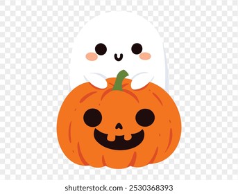 Happy cute smile ghost  hug halloween pumpkin isolated on png or transparent background.Halloween party banner. vector