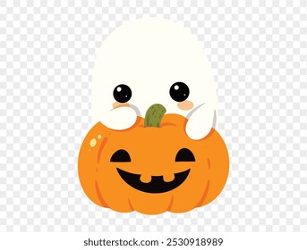 Happy cute smile ghost  hug halloween pumpkin isolated on png or transparent background.Halloween party banner. vector