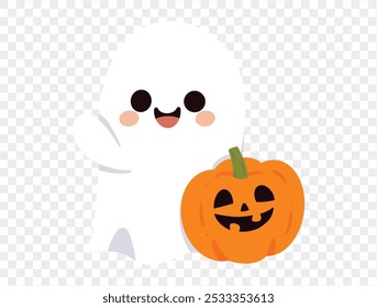 Happy cute smile ghost  hug halloween pumpkin isolated on png or transparent background.Halloween party banner. vector