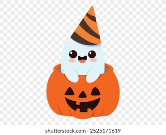 Happy cute smile ghost wearing party hat in halloween pumpkin isolated on png or transparent background,Halloween party banner. vector