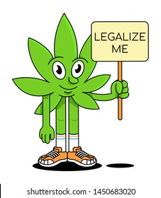 Happy cute smile green leaf activist protester of medical smoke marijuana weed holding banners with phrase legalize cannabis. Modern vector flat design illustration cartoon character sticker emoji.