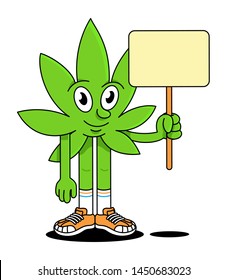 Happy cute smile green leaf of medical smoke cannabis marijuana weed holding empty banners and placards protesters or activists. Modern vector flat design illustration cartoon character sticker emoji.