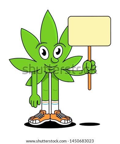 Happy cute smile green leaf of medical smoke cannabis marijuana weed holding empty banners and placards protesters or activists. Modern vector flat design illustration cartoon character sticker emoji.