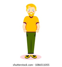 Happy, cute, smile hipster blonde boy, man, husband, brother, boyfriend character with beard, mustache in jeans, T-shirt, black hair full-length. Modern flat cartoon vector illustration icon on white