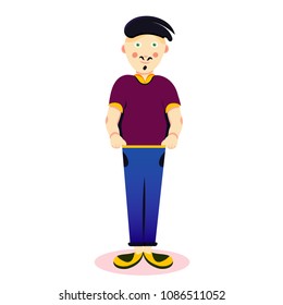Happy, cute, smile hipster brunette young boy, man, brother, son, boyfriend character with beard, mustache in jeans, T-shirt, black hair full-length. Modern flat cartoon vector illustration icon on wh